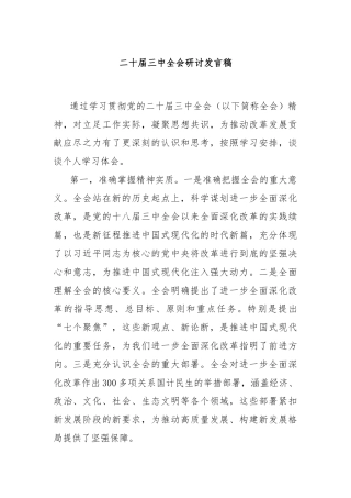 二十届三中全会研讨发言稿