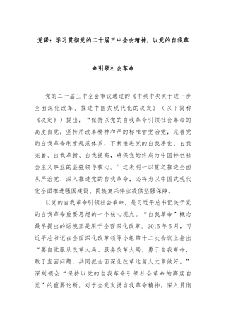 党课：学习贯彻党的二十届三中全会精神，以党的自我革命引领社会革命