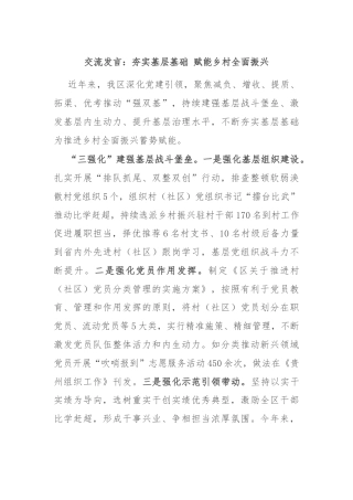 交流发言：夯实基层基础 赋能乡村全面振兴