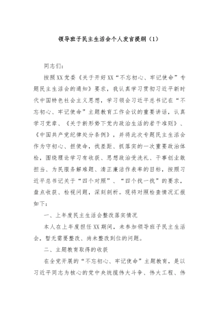 领导班子民主生活会个人发言提纲（1）