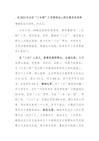 在2024年全区“三长制”工作推进会上的汇报发言材料