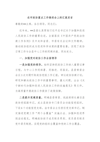在市政协重点工作推进会上的汇报发言