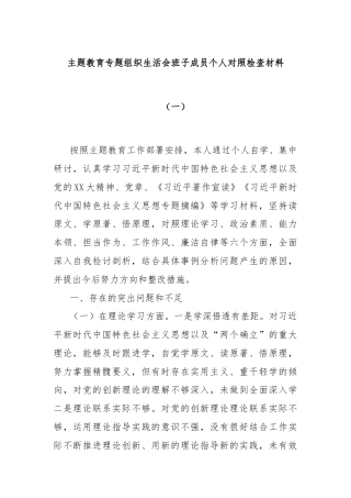 主题教育专题组织生活会班子成员个人对照检查材料（一）