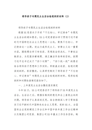 领导班子专题民主生活会检视剖析材料（2）