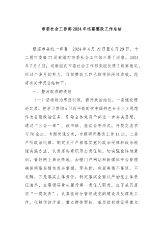 市委社会工作部2024年巡察整改工作总结