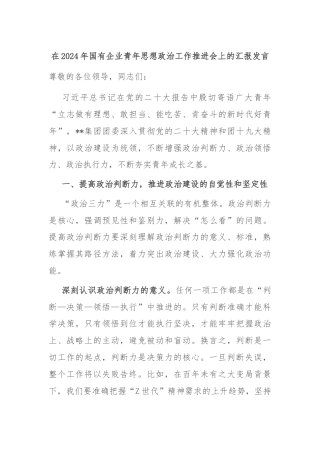 在2024年国有企业青年思想政治工作推进会上的汇报发言