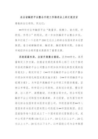 在全省融资平台整合升级工作推进会上的汇报发言