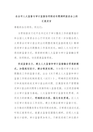 在全市人大监督与审计监督协同联动专题调研座谈会上的汇报发言