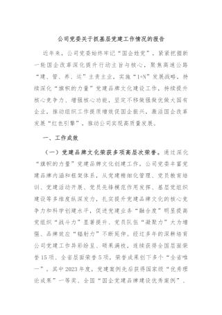 公司党委关于抓基层党建工作情况的报告