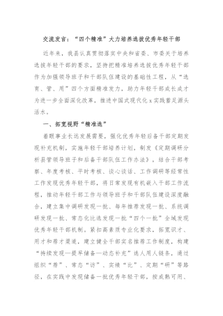 交流发言：“四个精准”大力培养选拔优秀年轻干部