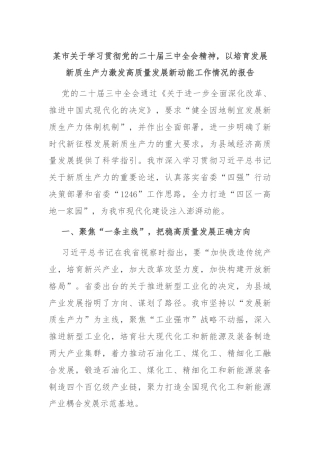 某市关于学习贯彻党的二十届三中全会精神，以培育发展新质生产力激发高质量发展新动能工作情况的报告