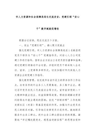市人力资源和社会保障局局长交流发言：党建引领“安心干”数字赋能促增收