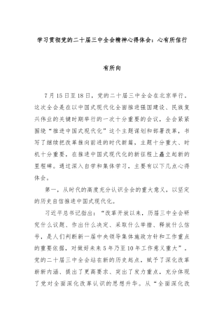 学习贯彻党的二十届三中全会精神心得体会：心有所信行有所向