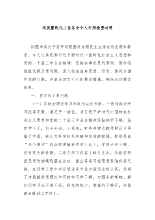 巡视整改民主生活会个人对照检查材料