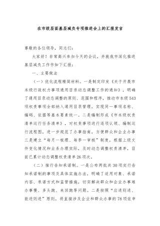 在市级层面基层减负专项推进会上的汇报发言