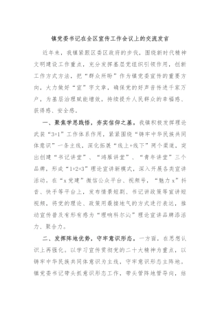 镇党委书记在全区宣传工作会议上的交流发言