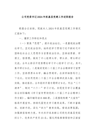 公司党委书记2024年抓基层党建工作述职报告