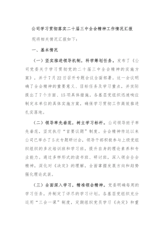 公司学习贯彻落实二十届三中全会精神工作情况汇报