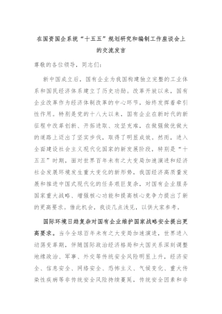 在国资国企系统“十五五”规划研究和编制工作座谈会上的交流发言