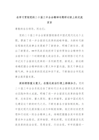 在学习贯彻党的二十届三中全会精神专题研讨班上的交流发言