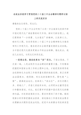 在政法系统学习贯彻党的二十届三中全会精神专题研讨班上的交流发言