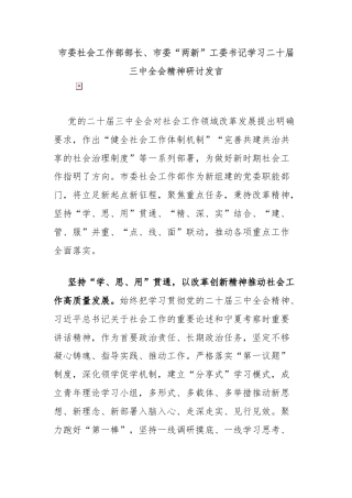 市委社会工作部部长、市委“两新”工委书记学习二十届三中全会精神研讨发言