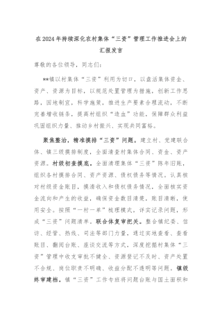 在2024年持续深化农村集体“三资”管理工作推进会上的汇报发言