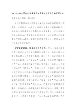 在2024年全区生态环境突出问题整改推进会上的汇报发言