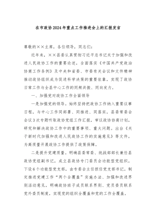 在市政协2024年重点工作推进会上的汇报发言