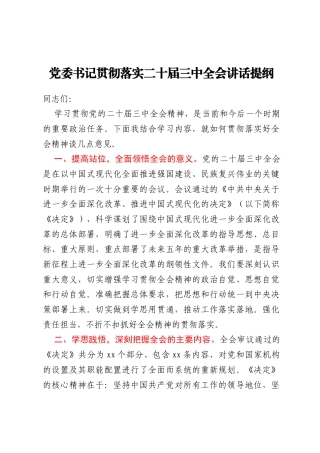 党委书记贯彻落实二十届三中全会讲话提纲