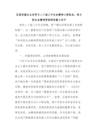 区委巡察办主任学习二十届三中全会精神心得体会：努力把全会精神贯彻到巡察工作中