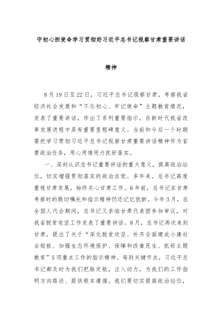 守初心担使命学习贯彻好习近平总书记视察甘肃重要讲话精神