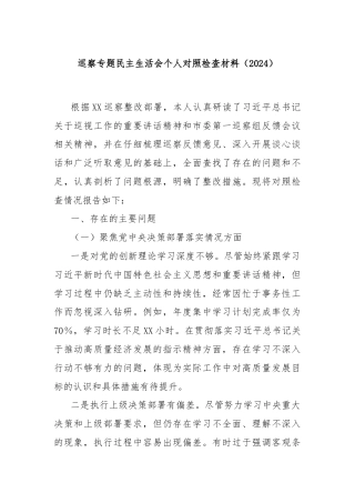 巡察专题民主生活会个人对照检查材料（2024）