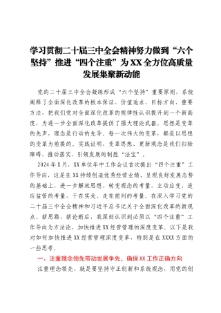 学习贯彻二十届三中全会精神努力做到“六个坚持”推进“四个注重”为XX全方位高质量发展集聚新动能
