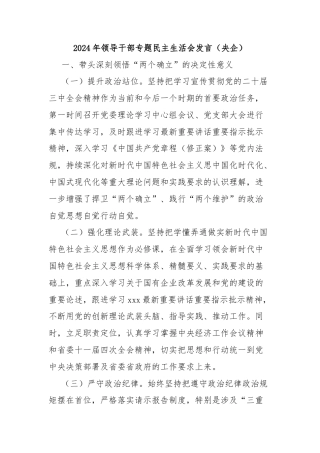 2024年领导干部专题民主生活会发言（央企）