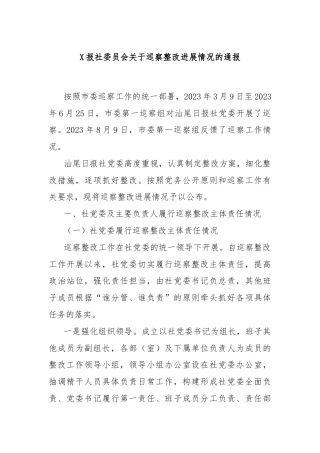 X报社委员会关于巡察整改进展情况的通报