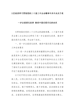 X区政府学习贯彻党的二十届三中全会精神中共中央关于进一步全面深化改革 推进中国式现代化的决定