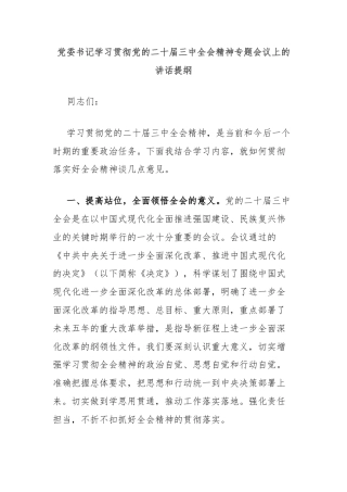 党委书记学习贯彻党的二十届三中全会精神专题会议上的讲话提纲