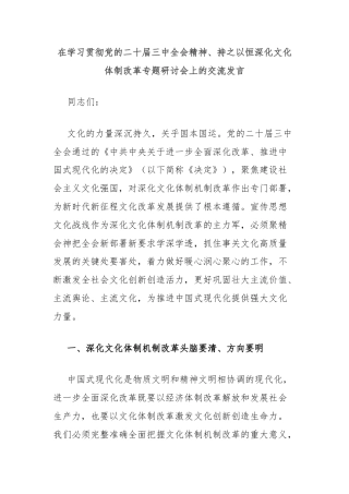 在学习贯彻党的二十届三中全会精神、持之以恒深化文化体制改革专题研讨会上的交流发言