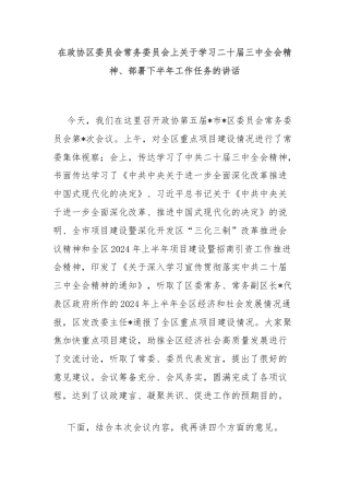 在政协区委员会常务委员会上关于学习二十届三中全会精神、部署下半年工作任务的讲话