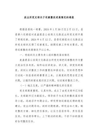 派出所党支部关于巡察整改进展情况的通报