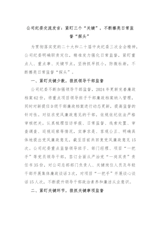 公司纪委交流发言：紧盯三个“关键”，不断擦亮日常监督“探头”