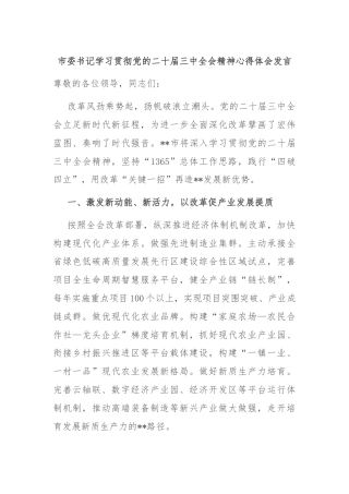 市委书记学习贯彻党的二十届三中全会精神心得体会发言