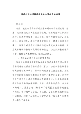 县委书记在巡视整改民主生活会上的讲话