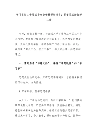 学习贯彻二十届三中全会精神研讨发言：要蓄足三劲打好三拳
