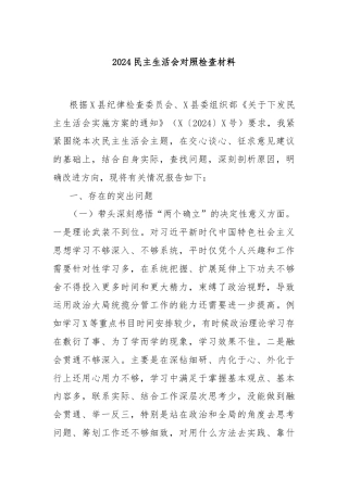 2024民主生活会对照检查材料