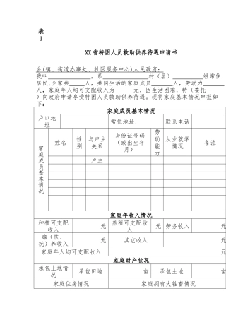 XX省特困人员救助供养待遇申请书
