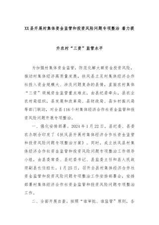 XX县开展村集体资金监管和投资风险问题专项整治 着力提升农村“三资”监管水平