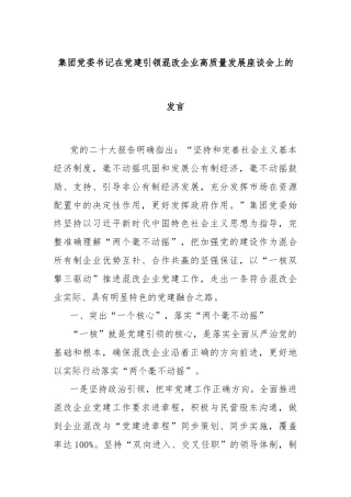 集团党委书记在党建引领混改企业高质量发展座谈会上的发言