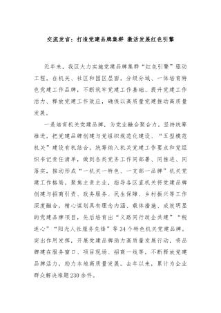 交流发言：打造党建品牌集群 激活发展红色引擎
